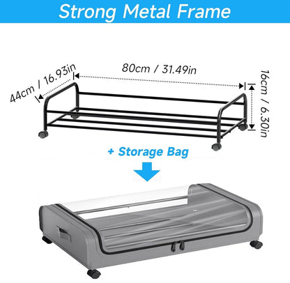 Strong metal frame under bed storage container with dimensions 80cm x 44cm and a storage bag for practical organization.