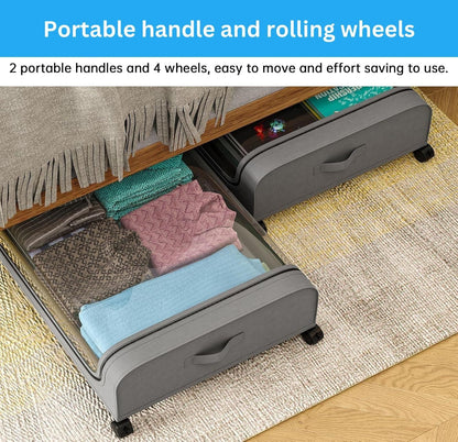 XXL grey under bed storage containers with portable handles and rolling wheels for easy mobility.