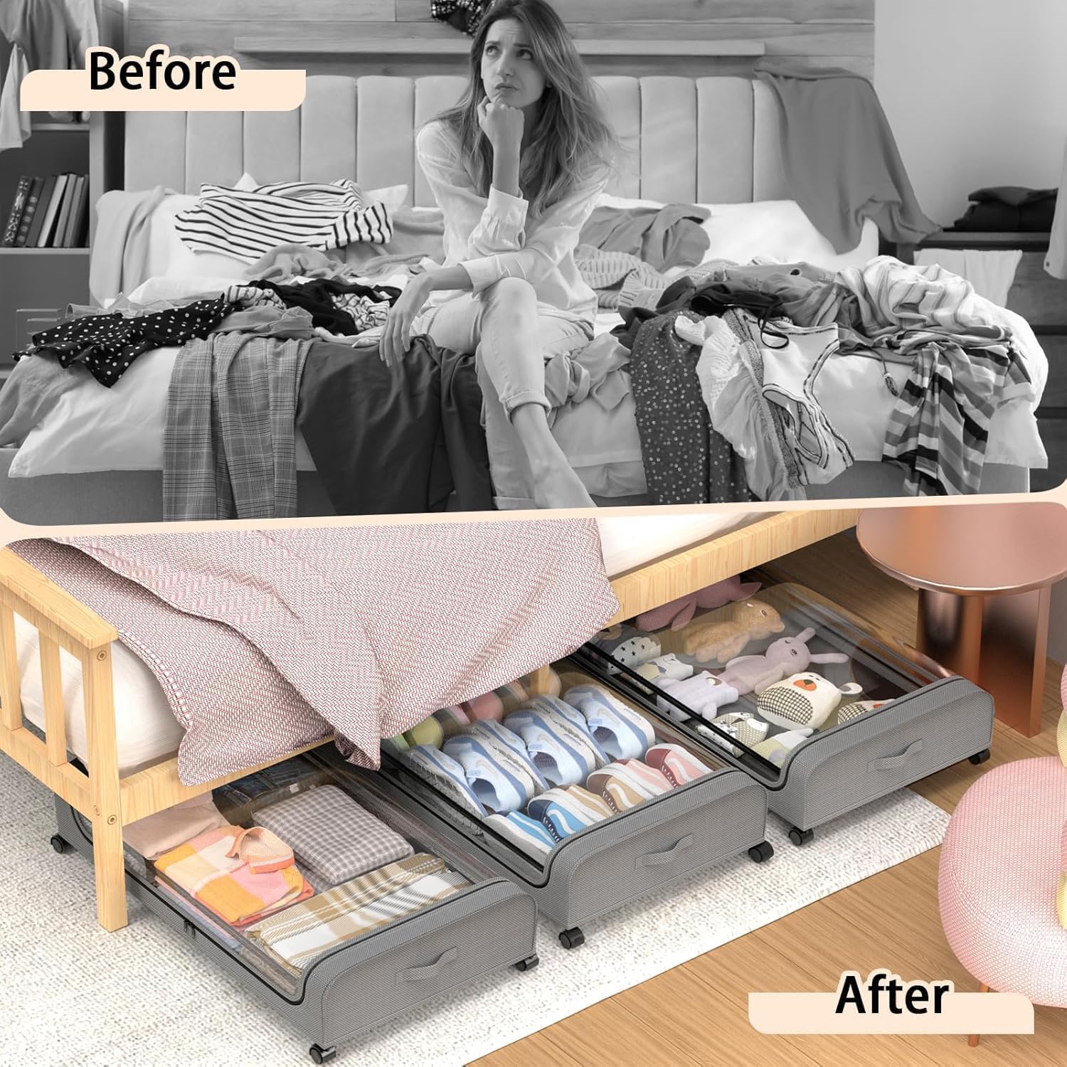 Before and after image showing clutter on a bed and organized under bed storage containers for practical storage solutions.