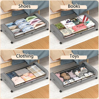 XXL grey under bed storage containers holding shoes, books, clothing, and toys, showcasing practical organization solutions.