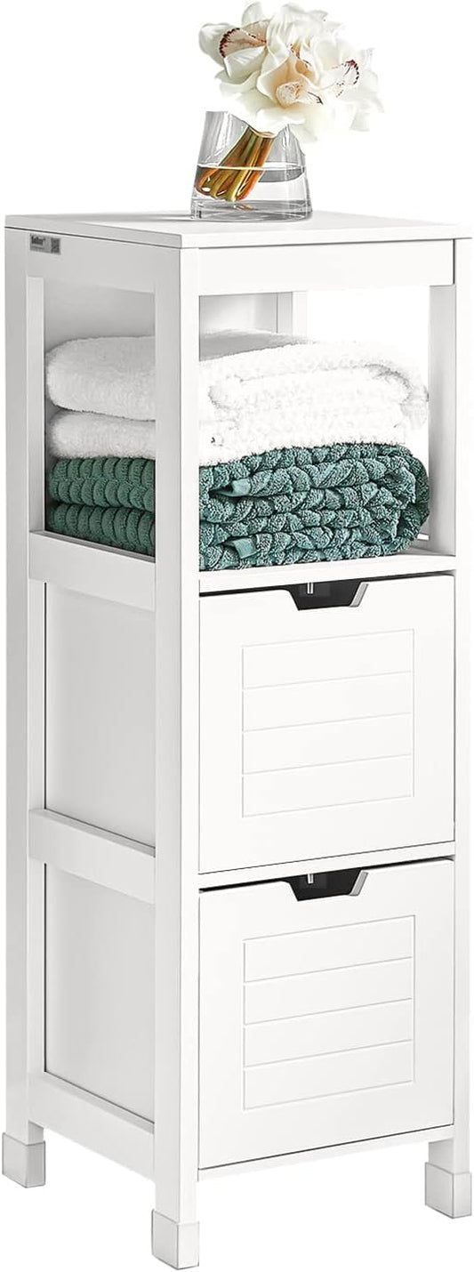 Stylish freestanding white cabinet with two drawers and open shelf for storage and organization of towels.