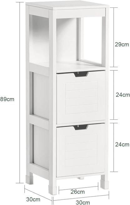 Freestanding white cabinet with two drawers and a shelf for stylish storage and organization.