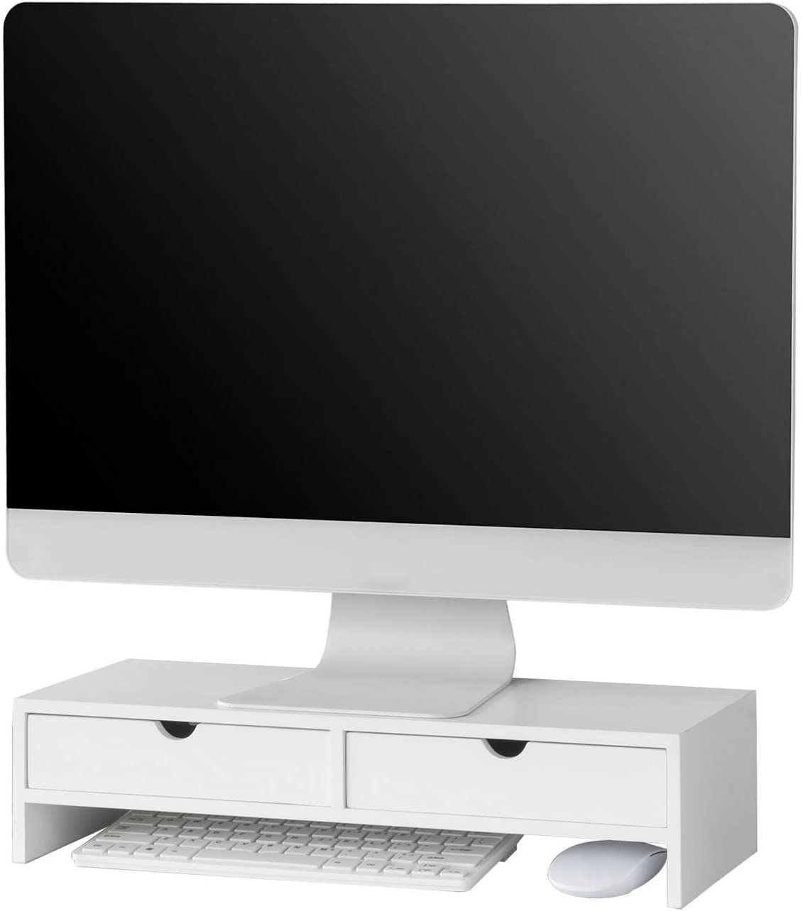 White monitor stand desk organizer with 2 drawers and keyboard space, designed for comfortable viewing and efficient storage.