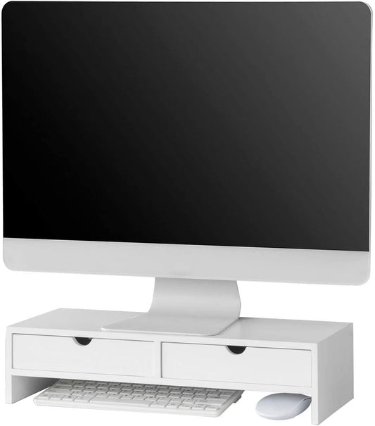 White monitor stand desk organizer with 2 drawers and keyboard space, designed for comfortable viewing and efficient storage.