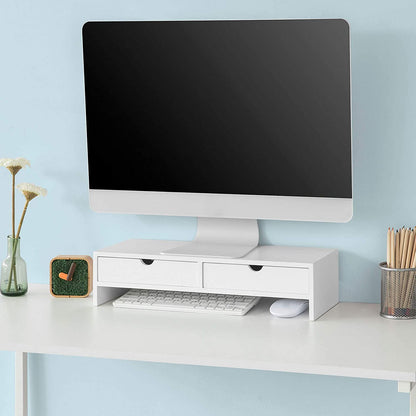 White monitor stand desk organizer with 2 drawers, ideal for elevating monitors and optimizing desk space.