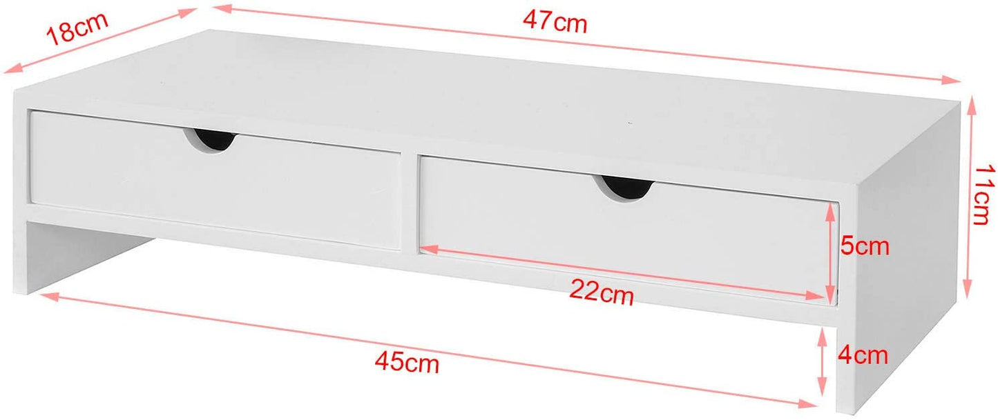 White monitor stand desk organizer with 2 drawers, dimensions 47x18x11 cm, ideal for raising monitors and organizing workspace.