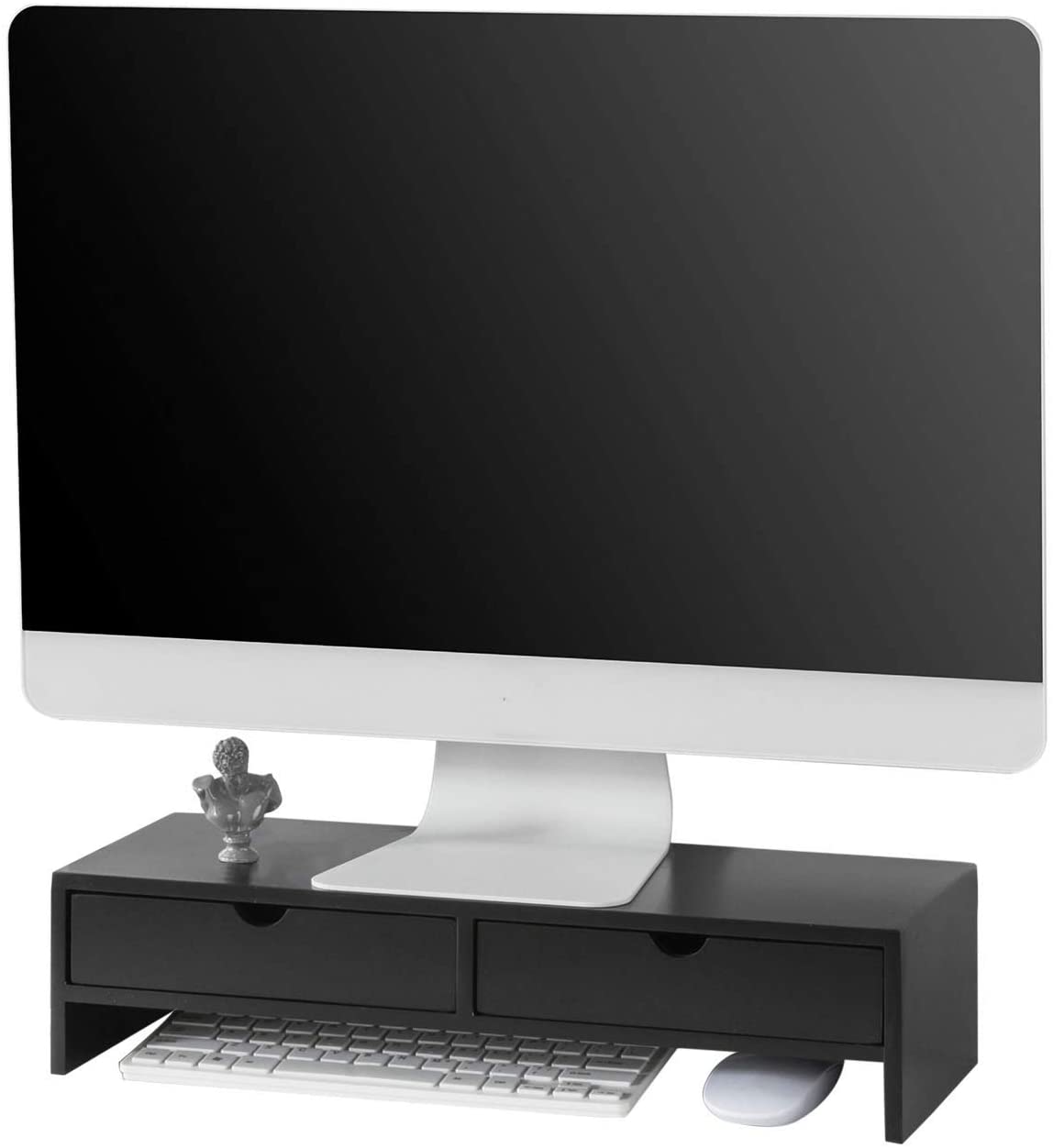 Black monitor stand desk organizer with 2 drawers, elevating monitor for better posture and storing gadgets neatly.