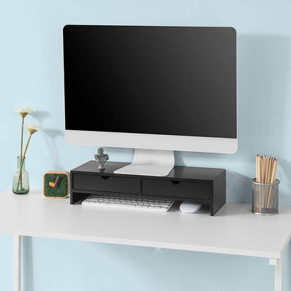 Black monitor stand desk organizer with 2 drawers, elevating monitor for comfort and providing storage for gadgets.