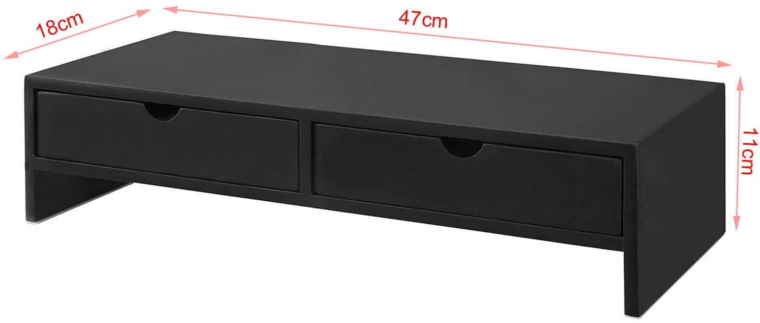 Black monitor stand desk organizer with 2 drawers, dimensions 47cm x 18cm x 11cm, perfect for rising your monitor for better ergonomics.