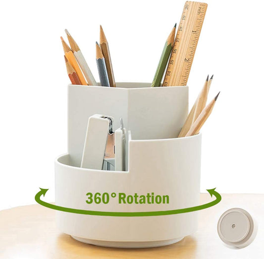 360 degree rotating white pen holder with pencils and stationery, ideal desk organizer for home or office use.