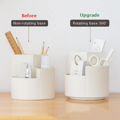 Before and after image showing a non-rotating pen holder versus a 360-degree rotating pen cup for better desk organization.