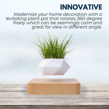 Floating plant pot with white geometric design levitates above light brown base, showcasing lightweight and modern decor for small plants.