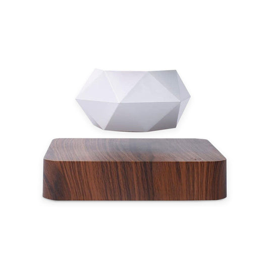 Dark brown base with a floating geometric planter, GOMINIMO Magnetic Levitating Plant Pot, ideal for bonsai or succulents.