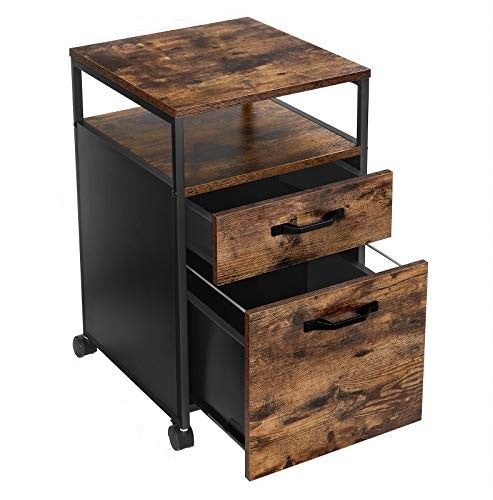 VASAGLE rustic brown and black file cabinet with two drawers and open compartment, perfect for office storage on wheels.