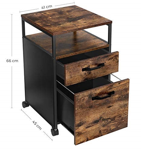 VASAGLE file cabinet with two drawers, wheels, and rustic brown top, perfect for office storage and organization.