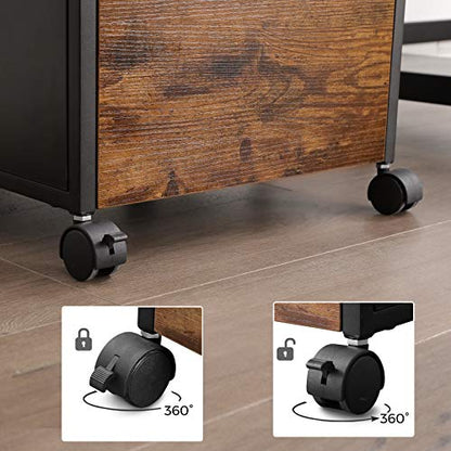 VASAGLE file cabinet wheels showing 360-degree swivel and lock feature for easy mobility and secure storage.