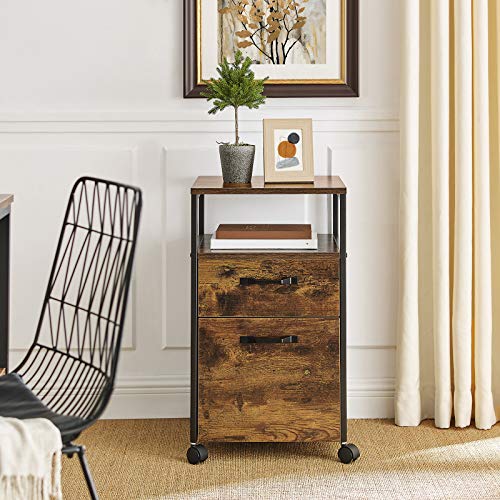 Rustic brown and black rolling file cabinet with two drawers, open compartment, and a stylish office decor setup.