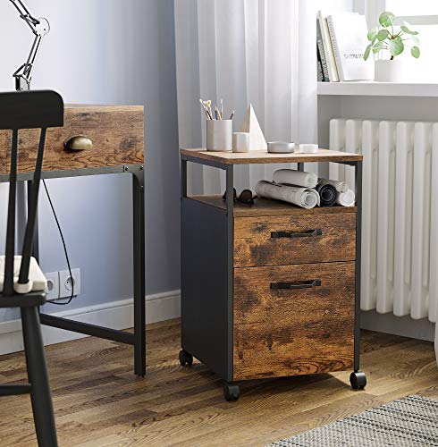 VASAGLE rustic brown and black filing cabinet with two drawers, wheels, and open top, perfect for office storage.