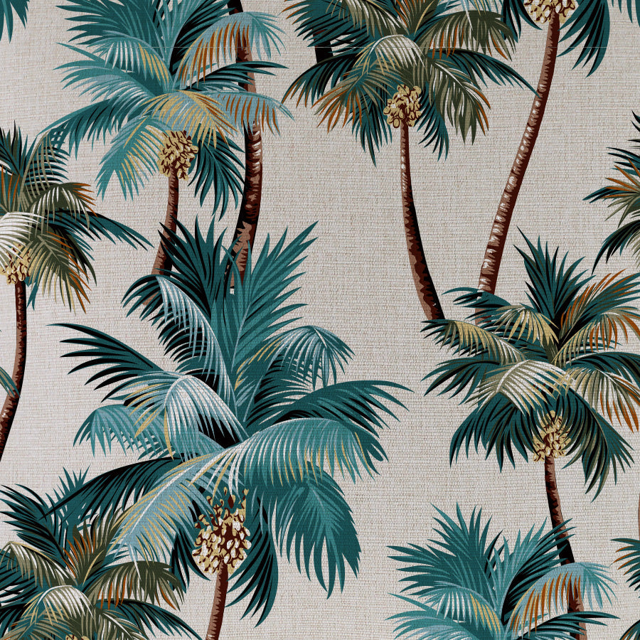 Tropical palm tree pattern fabric for cushion covers, creating a luxurious and vibrant home decor look.