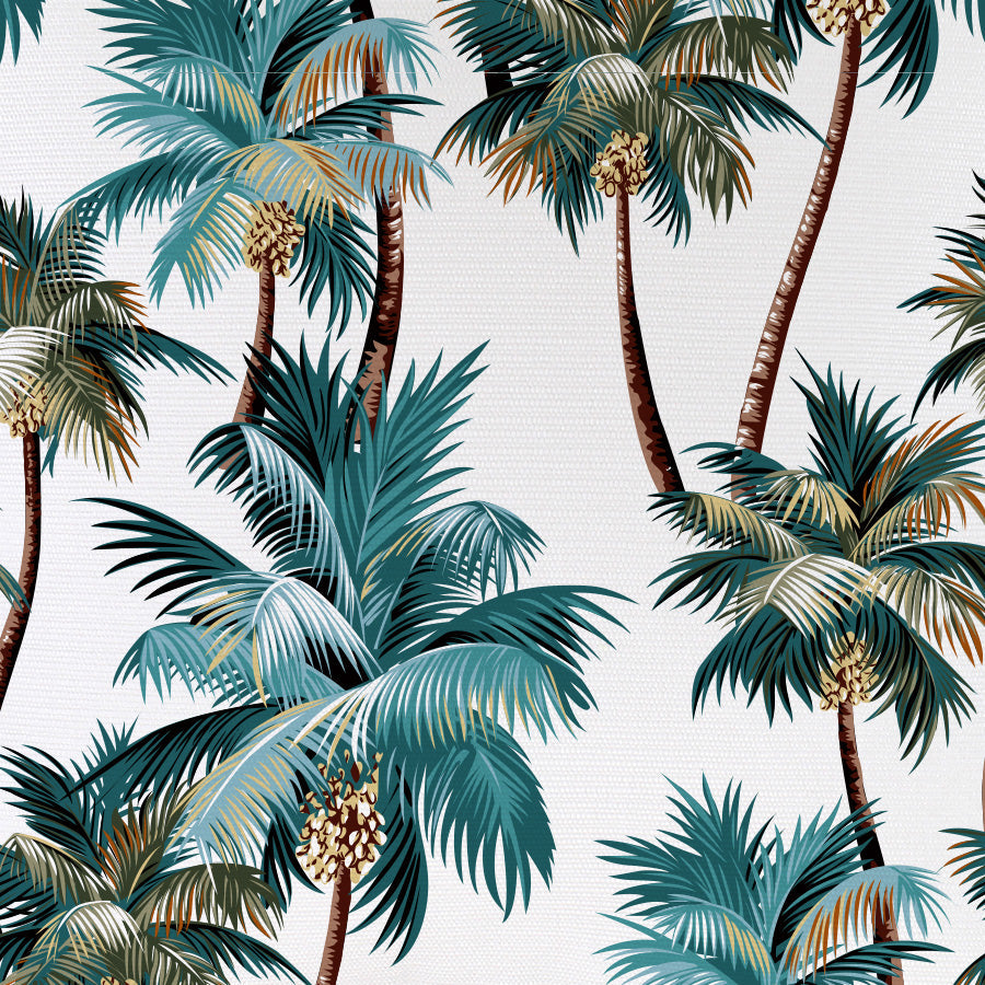 Tropical palm tree print cushion cover fabric, perfect for sofa or couch cushion covers, with vibrant colors and textured design.