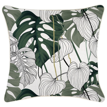 Decorative cushion cover featuring tropical leaf print in green and white, ideal for indoor or outdoor use.