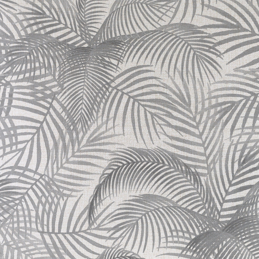 Tropical leaf pattern fabric in soft gray tones, ideal for cushion covers and home décor. Perfect for a stylish, relaxed atmosphere.