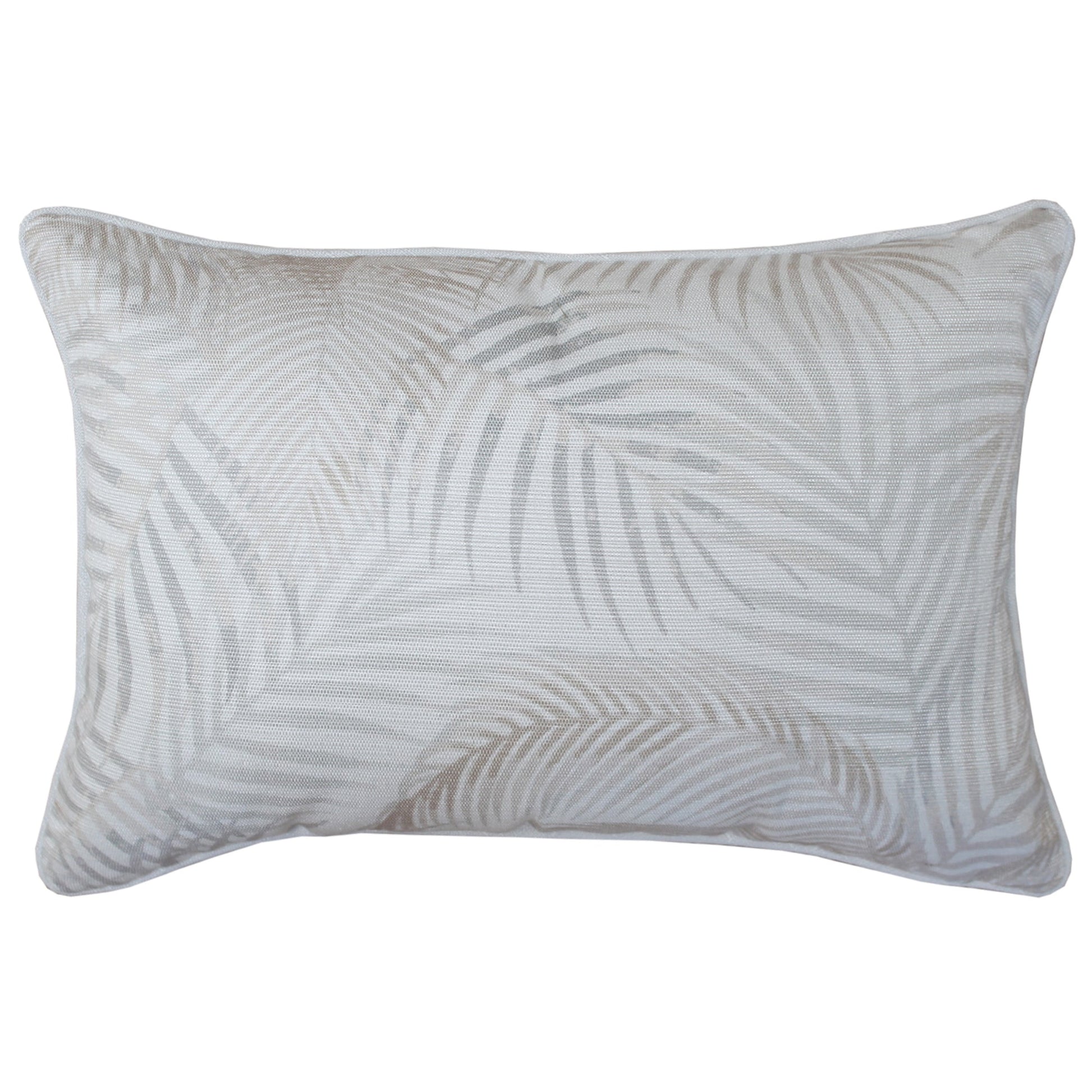 Cushion cover in Seminyak Biscuit with palm leaf design, perfect for stylish couch or sofa décor. 35cm x 50cm size.