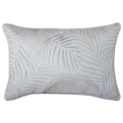 Cushion cover in Seminyak Biscuit with palm leaf design, perfect for stylish couch or sofa décor. 35cm x 50cm size.