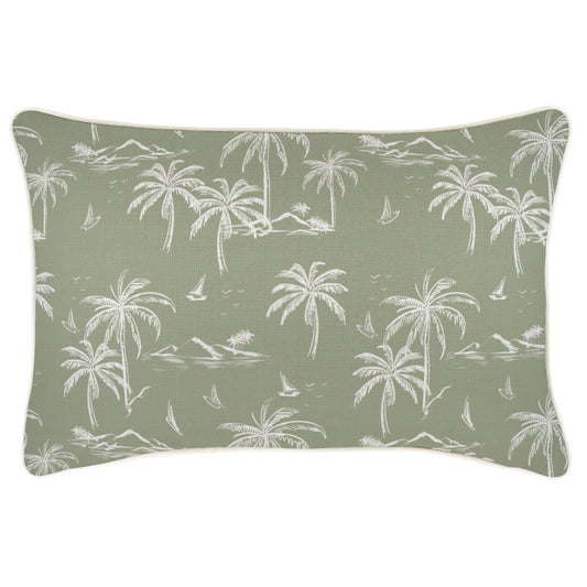 Decorative cushion cover with palm tree and sailboat design in sage green, perfect for tropical-themed decor.