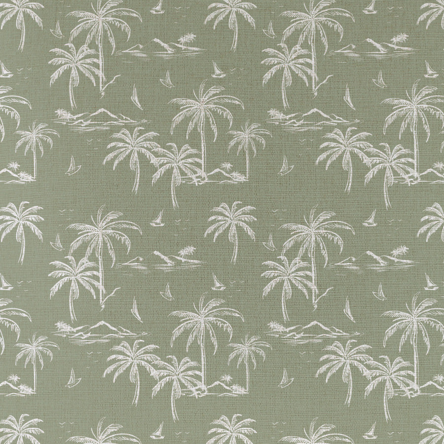 Tropical palm tree pattern on soft sage fabric for decorative cushion covers and furnishings.