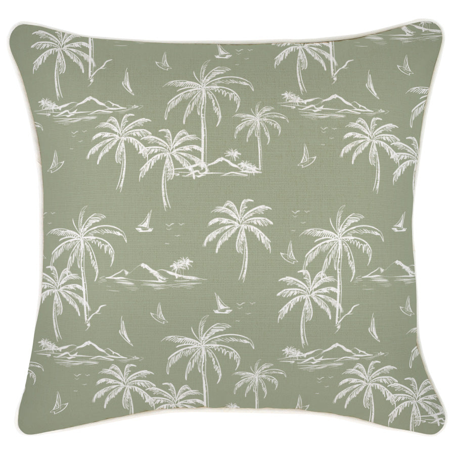 Soft green cushion cover featuring a tropical palm tree and sailing boat design, perfect for couch or sofa decor.