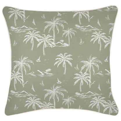 Soft green cushion cover featuring a tropical palm tree and sailing boat design, perfect for couch or sofa decor.