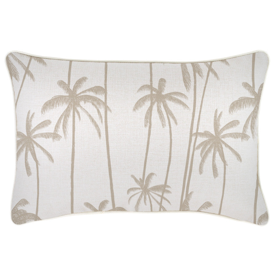 Beige cushion cover with palm print, piping details, perfect for tropical decor on sofas and couches.