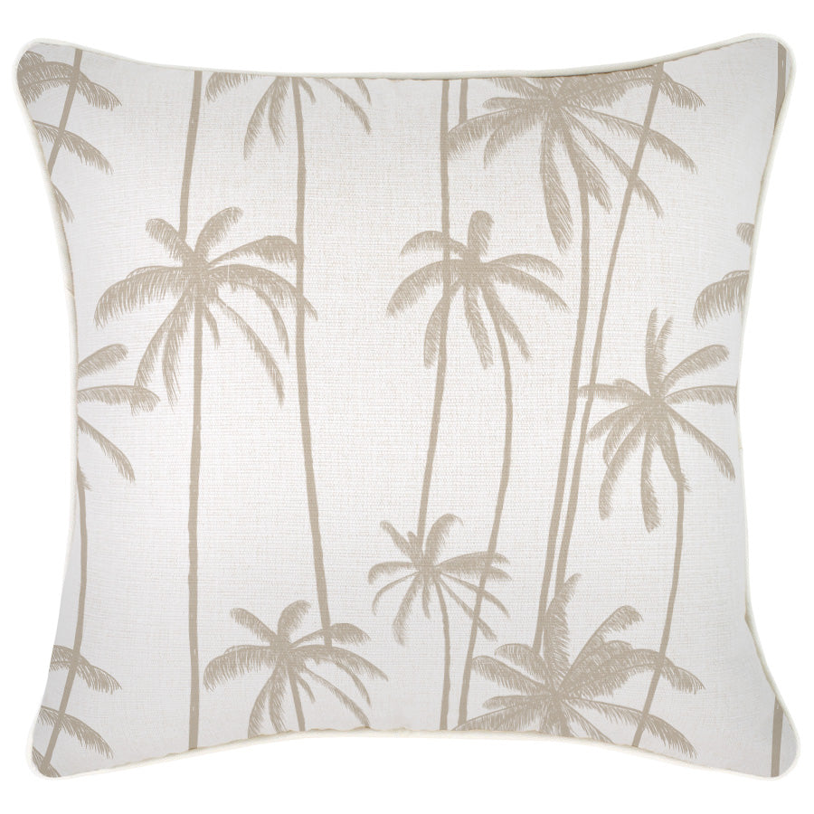 Beige decorative cushion cover with tall palm print, perfect for sofas and indoor or outdoor use. 45cm x 45cm size.