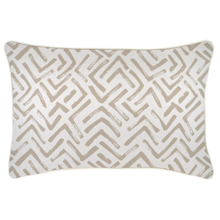 Beige tribal cushion cover with piping, decorative design for couch or sofa, 35cm x 50cm, water-resistant fabric.