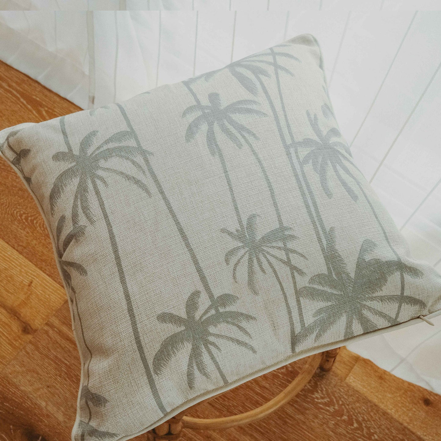 Decorative cushion cover with tall palm print, water-resistant fabric, 45cm x 45cm, perfect for sofa or outdoor use.