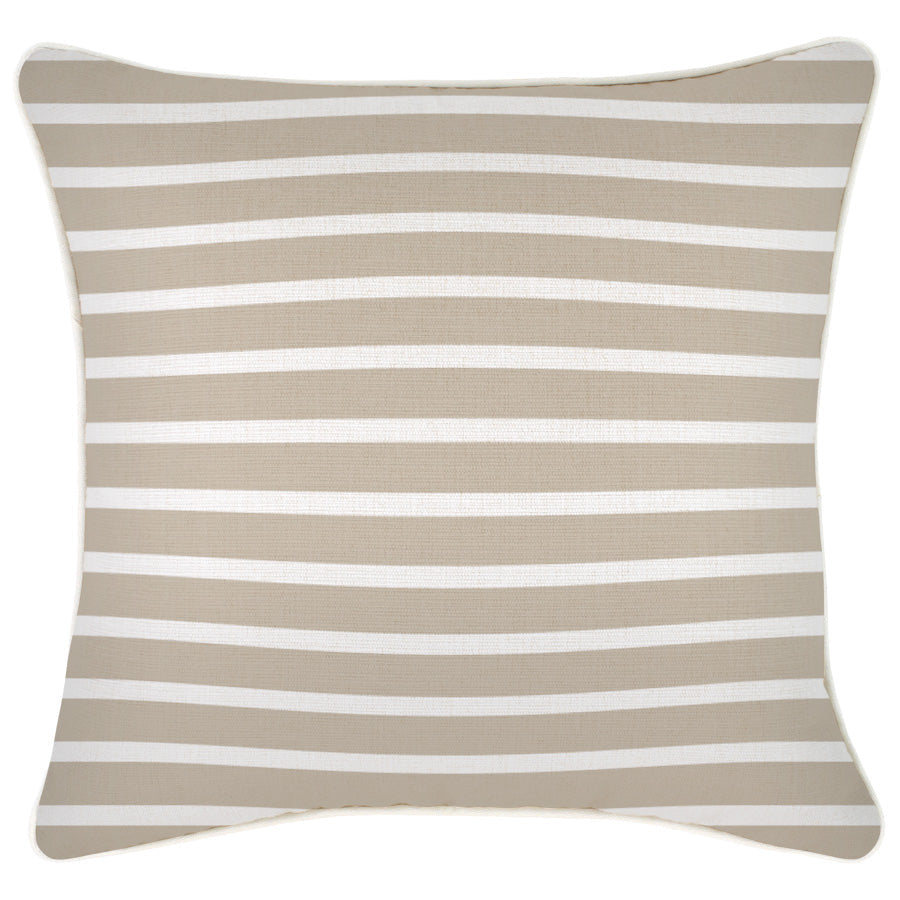 Beige striped cushion cover with piping, 45cm x 45cm, suitable for indoor and outdoor use.