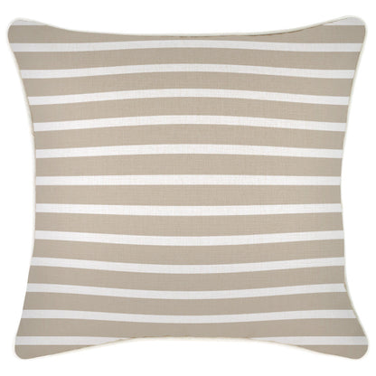 Beige striped cushion cover with piping, 45cm x 45cm, suitable for indoor and outdoor use.