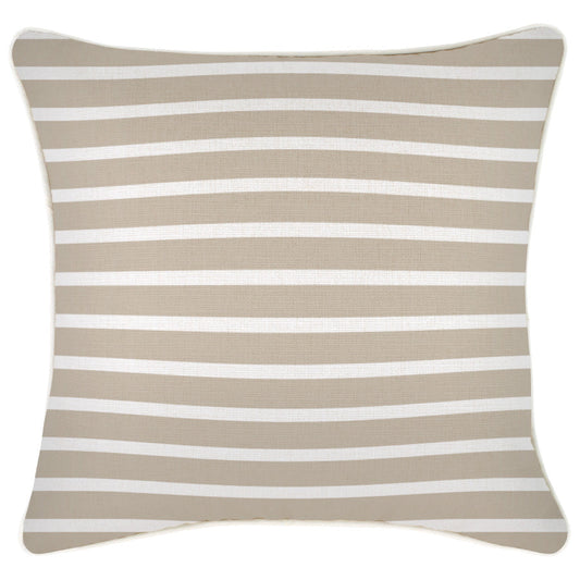 Beige striped cushion cover with piping, 45cm x 45cm, suitable for indoor and outdoor use.