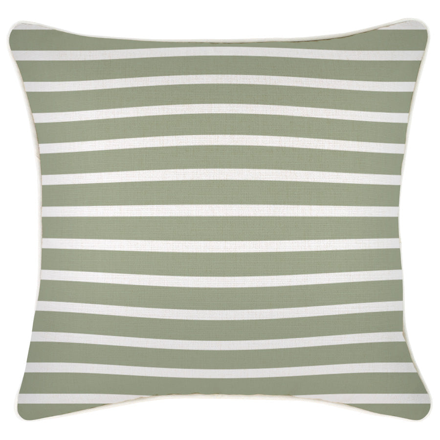 Decorative cushion cover in sage green and white stripe design, perfect for enhancing sofas and couches.