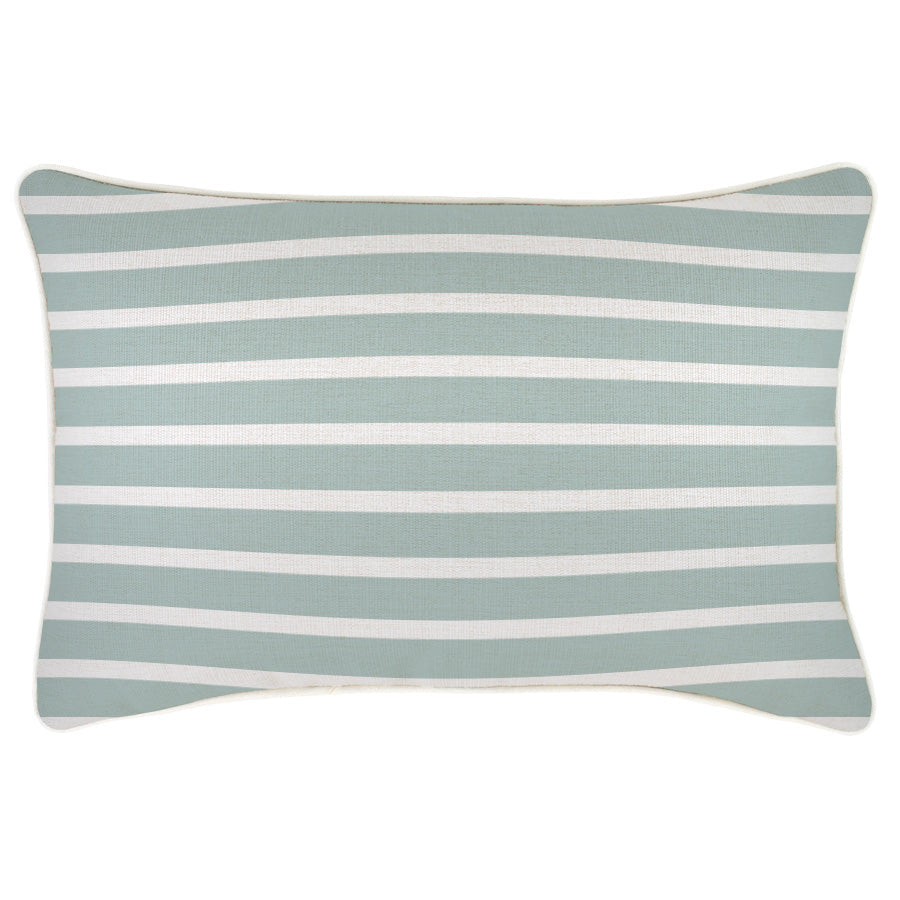 Decorative cushion cover with seafoam and white stripes, featuring piping and water-resistant fabric, perfect for indoor or outdoor use.