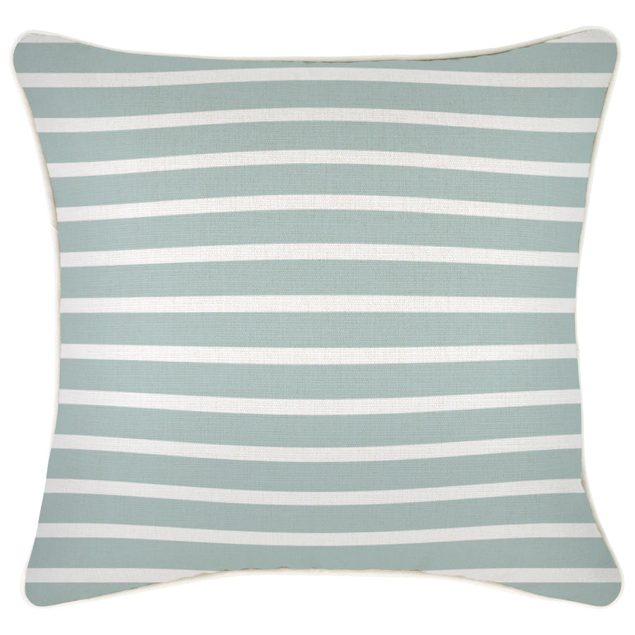 Cushion cover with seafoam and white stripes, perfect for sofa or couch decor, featuring piping and water-resistant fabric.