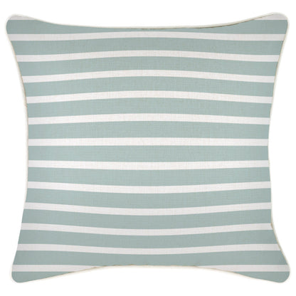 Cushion cover with seafoam and white stripes, perfect for sofa or couch decor, featuring piping and water-resistant fabric.