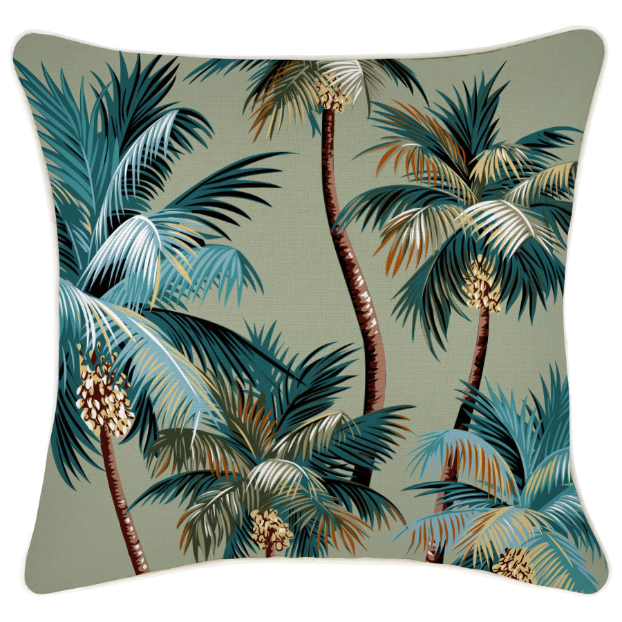 Decorative cushion cover featuring palm trees in sage, perfect for indoor or outdoor use, 45cm x 45cm.