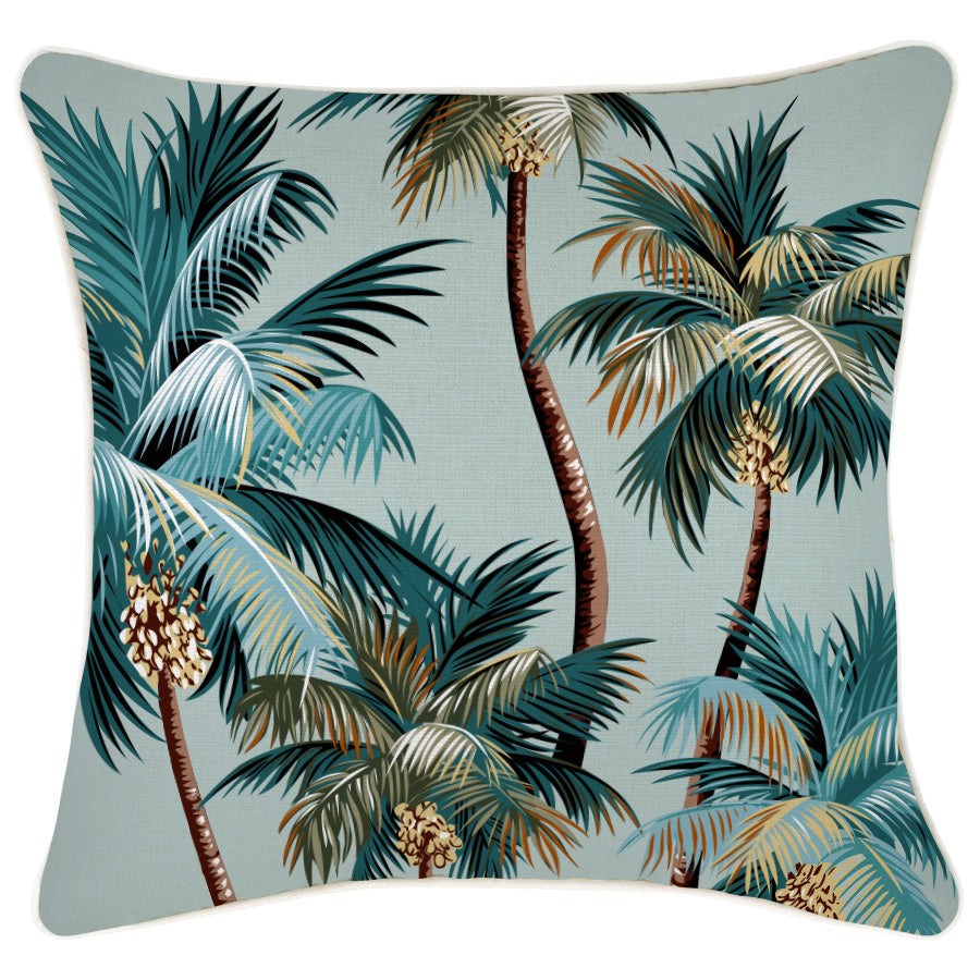 Decorative cushion cover featuring palm trees in seafoam, perfect for couch or sofa accent. Ideal for tropical home decor.