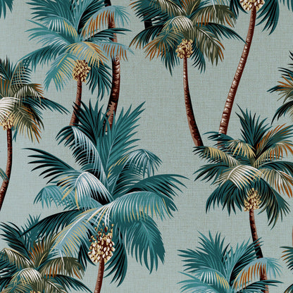 Cushion cover fabric featuring tropical palm trees in seafoam green, perfect for couch or sofa cushion covers.