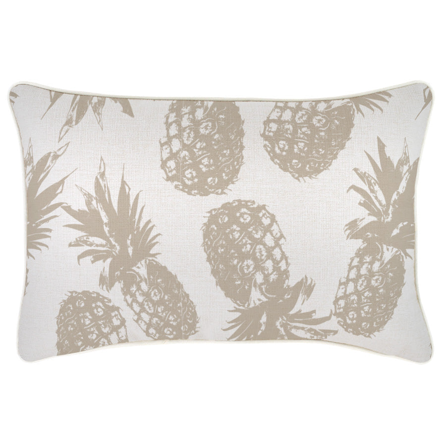 Cushion cover featuring beige pineapples, water-resistant fabric, and piping, perfect for sofa or couch decoration.