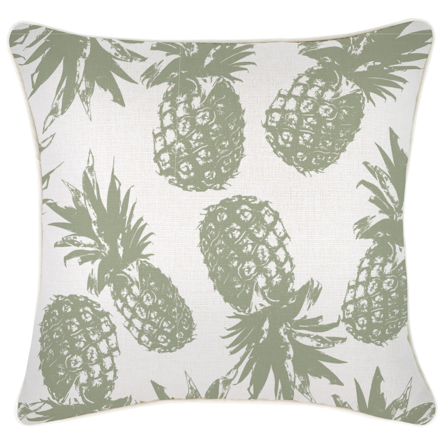 Decorative cushion cover with pineapple design in sage green, perfect for tropical-themed home decor.