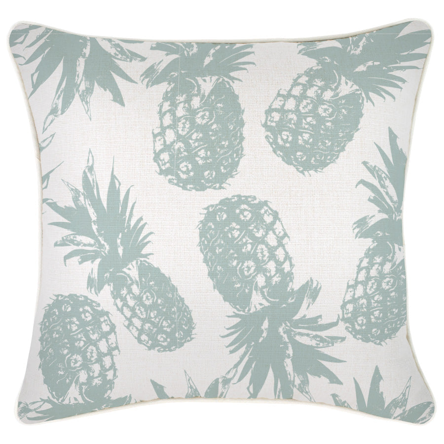 Cushion cover with piping featuring a tropical pineapple design in seafoam, ideal for couch or sofa decoration.