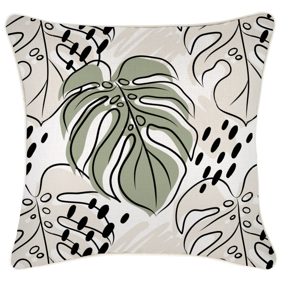 Decorative cushion cover featuring tropical leaf design in green and beige, perfect for stylish couch or sofa cushion covers.